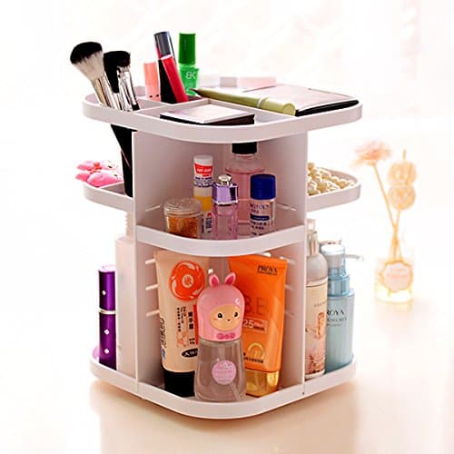 Korean Style Tabletop Multi Function Large Capacity 360 Degrees Rotating Cosmetics Storage Revolving Makeup Organizer Display Box (White)