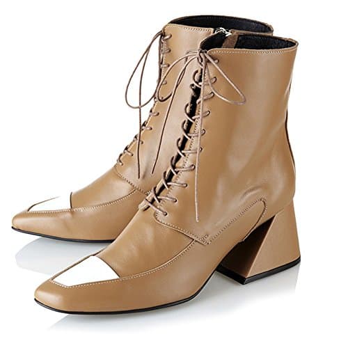 Yuul Yie Genuine Leather Square Toe Middle High Heel Boots Booties For Women With White Cap-Toe 10 Brown