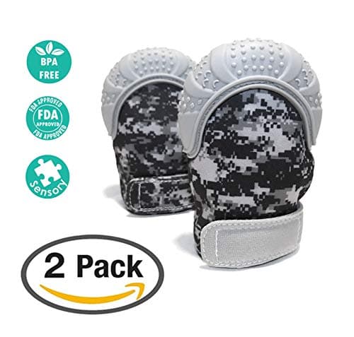 Baby Teething Mitten 2 Pack｜Unique Digital Camo Print｜Self-Soothing/Pain Relief｜BPA-Free/Food-Grade Silicone Includes 2 Free Hygienic Carrying Bags