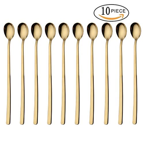 10 Pcs 9-Inch Long Handle Teaspoons, Coffee Spoon and Ice Cream Spoon, Dessert &amp; Milkshake Spoon, Fruit Juice Long Spoon, 18/8 Stainless Steel Spoons, Color Gold