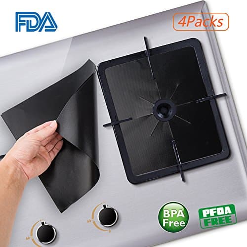 Gas Range Protectors,4 Pack 10.6" x 10.6" Heavy Duty Double Thickness Protection pad- Reusable, Non-Stick, Dishwasher Safe, Easy to Clean - FDA Approved
