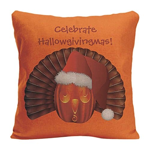 LDJ Cotton Linen Sofa Throw Pillow Case Decorative Cushion Cover Pillowcase Design With Turkey Pumpkin With A Santa Hat Hallowgivingmas Custom Pillow Cover Print One Side Sized 18X18 Inches