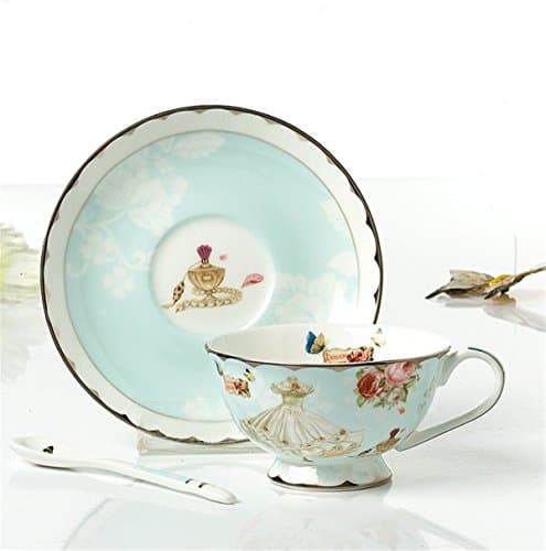 NDHT Bone China Teacups/Coffee Cups &amp; Saucers Sets with Spoons-6.7Oz, for Home, Restaurants, Display &amp; Holiday Gift,Blue,with Gift Box(1 Set)