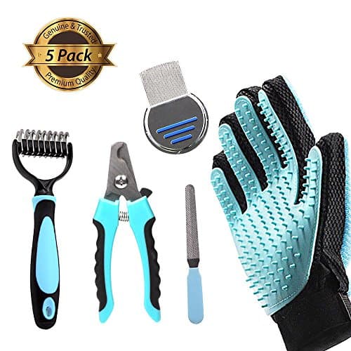 Pet Grooming Tools Set 5 Pieces – All in One Pack: Dog Cat Hair Remover / Nail Clipper/ Deshedding Rake / Brush Comb – Shower Cleaning for Small Medium Large Dog &amp; Cat