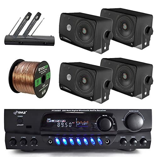 Pyle Bluetooth Digital Karakoe Receiver Amplifier Bundle Combo W/ 4X 3'' 3-Way Wall Mount Speakers (Black or White) + Wireless Handheld Dual Microphone System + Enrock 50 Ft 16g Speaker Wire