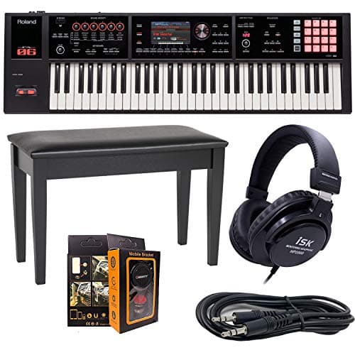 Roland PK 61-key Music Workstation FA-06 + ISK HP2000 Headphone + DPB-500CBD Duet Piano Bench with Storage w/Free 3.5mm AUX Cable & Magnet Car Mount