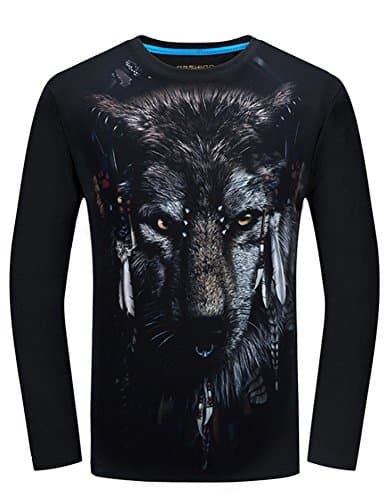 Angcoco Men's Long Sleeve Professional 3D Digital Print T Shirts - Indian Wolf