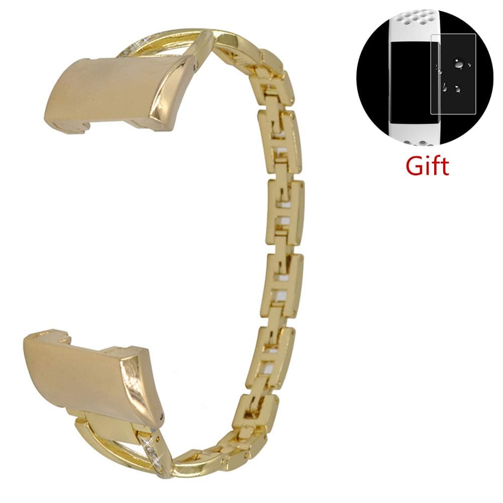 LLGLTEC Smart Watch Band Compatible with Fitbit Charge 3 Metal Alloy X-Shape Watch Strap with Crystal Rhinestone Women Bracelet Accessories Straps Wristband for Fitbit Charge 3 (Gold)