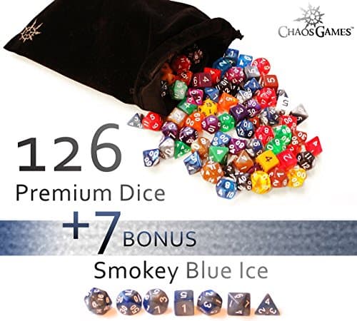7 Blue Silver Polyhedral Dice or 126 + 7 BONUS Dice by Chaos Games - Premium Complete Sets of 7 In 19 Colors - d4, d6, d8, d10, d12, d20, Percentile % die - Board Games, Role Play, RPG, D&amp;D, MTG, Math