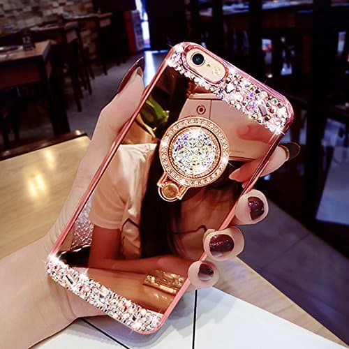 IPhone X Case, Luxury Bling Rhinestone Soft Rubber Mirror Makeup With Ring Stand Case for Women Girl Rose Gold (Rose Gold)