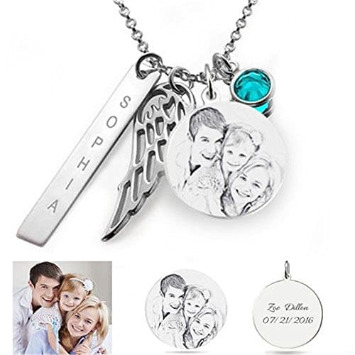 Personalized Silver Photo Engraved Necklace Custom Name Text Back-Engraving With Birthstone (silver 18"(45cm)-Adult)