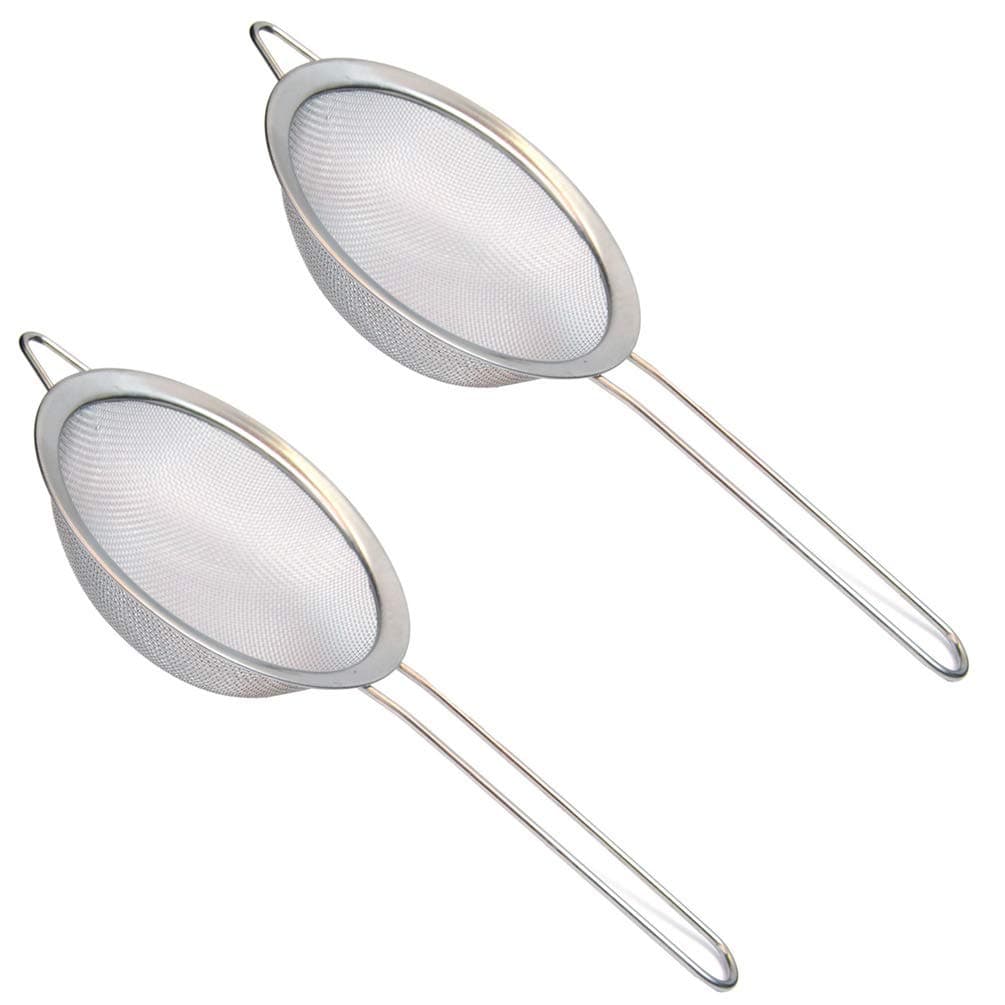 Hometeq 2 Pack - 4 inch Diameter Stainless Steel Fine Mesh Strainer with Sturdy Handle and Hook