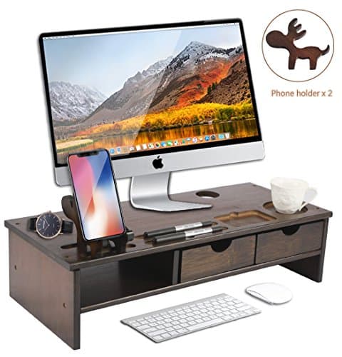 Easeurlife Computer Monitor Riser with Storage Drawer Organizer Desktop Bamboo Riser Stand (Exclusive Walnut)