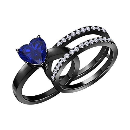 1.50 Ct Heart Shape Blue Sapphire &amp; Simulated Diamond Enhancer Solitaire Engagement Ring 14k Black Gold Plated Guard Wrap Jacket