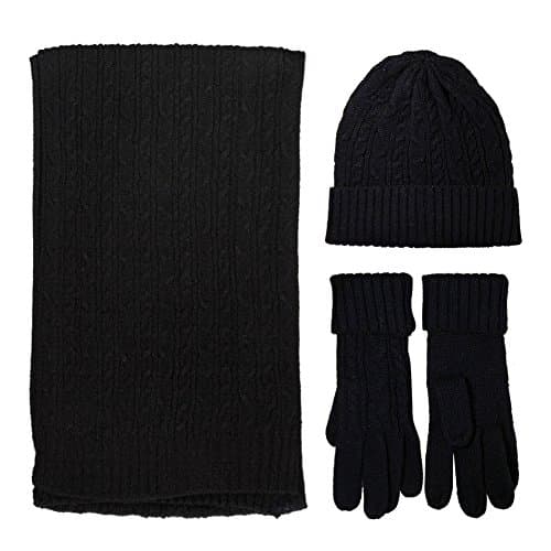 Knit Scarf/Hat/Gloves Set, Soft Warm Beanie. 3 in 1 Unisex Cable Knit Winter Cold Weather Gift for your famlies (Black)