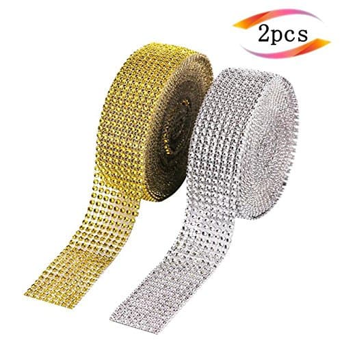 Kaosaike 2 Rolls 8 Row 10 Yard/Roll Acrylic Rhinestone Diamond Ribbon for Wedding Cakes, Birthday Decorations, Baby Shower Events, Arts and Crafts Projects (Silver and Gold)