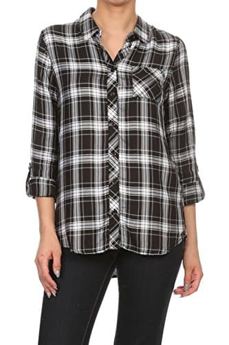 Women's Relaxed Fit Plaid Checkerd Button Down Shirt Small Black/White