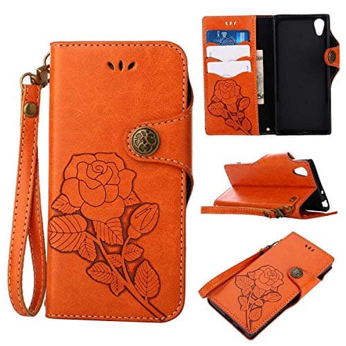 Sony Xperia XA1 Protective Case, UNEXTATI Vintage Rose Pattern Stand PU Leather Flip Cover, Wallet Case Cover with Hand Strap for Sony Xperia XA1 (Orange)