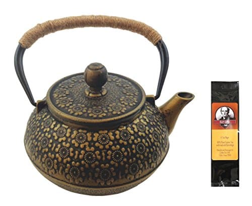 Cast Iron Teapot with Infuser Basket, Gold and Black Raised Pattern, Twine Handle Accent and Package of 6 Earl Gray Teabags, Bundle 2 Itmes