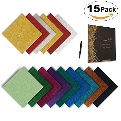 Glitter Heat Transfer Vinyl HTV Bundle for T-shirts -15 Sheets 10 x 10 inches ,Iron On Sparkle Vinyl Pack for Silhouette Cameo & Cricut Machines, Bonus One Free Weeding Tweezers