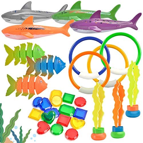 CycleMore 30 Pack Diving Toy Set for Fun Underwater Swimming/Diving Pool Toys, Includes 4 Diving Rings, 4 Torpedo Bandits, 3 Diving Fishes, 3 Seaweed, 16 Treasures, Great Training Gift for Boys Girls