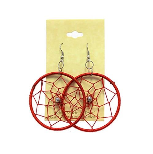 Peruvian Earrings - Dream Catchers Tear Drop Dangle - Hand Crafted - Pendant: 2" x 2" (Red)