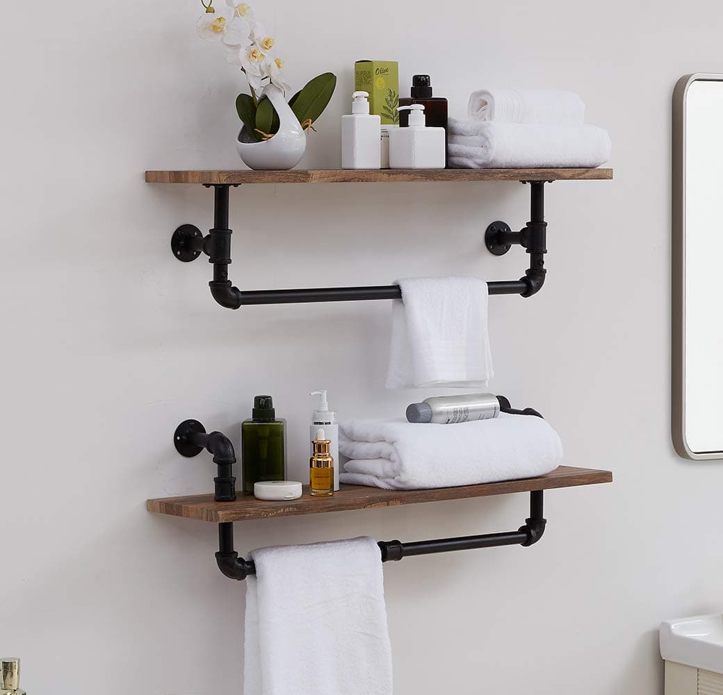 Homissue Industrial Pipe Wall Shelving with Tower Bar, Rustic Floating Wall Shelf Towel Racks for Bathroom, Retro Brown, Set of 2