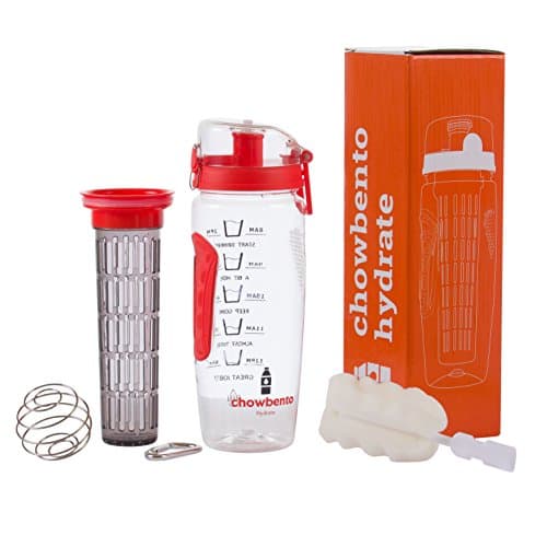 chowbento Motivational Water Bottle 3 in 1 with Fruit Infuser, Time Markings & Protein Shaker Ball - 1000ml BPA Free Safe Tritan Material - Also includes cleaning brush, carry hook and FREE eBook!