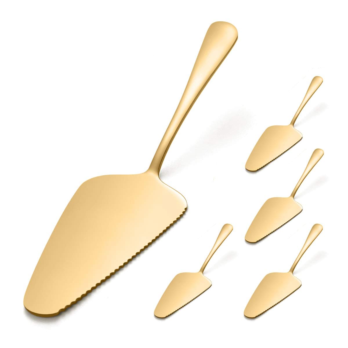 RayPard Pack of 5 Stainless Steel Pie Cake Server Knife with Mirror Finished & Onside with Fine Serrated Edge (Gold)