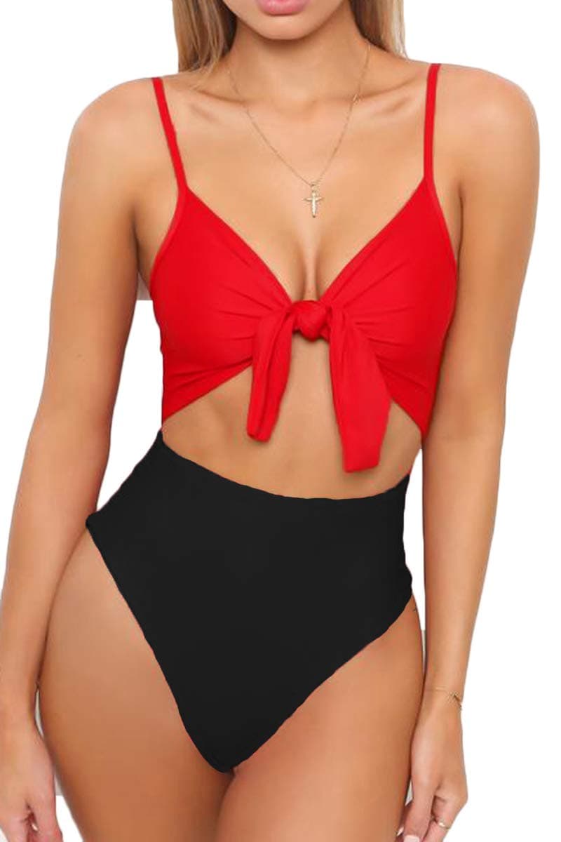 Womens Spaghetti Strap Tie Knot Front Cutout High Cut One Piece Swimsuit