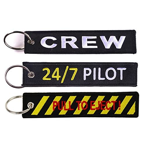 Tomcrazy CREW Keychain, 24/7 PILOT Double sided Embroidered Fabric Keychains, PULL TO EJECT Ring Key Chain Aviation Motorcycle Cars Tag Keychains Apparel Accessories (3X Keychains)