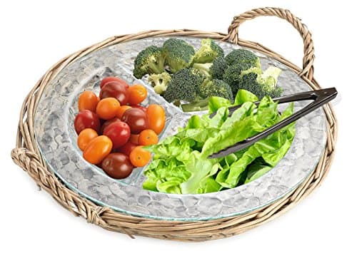 Glass Relish Dish Buffet Server in Wicker Tray, 3-section Serving Platter for Vegetables, Dips, and Snack with S/S Serving Tong
