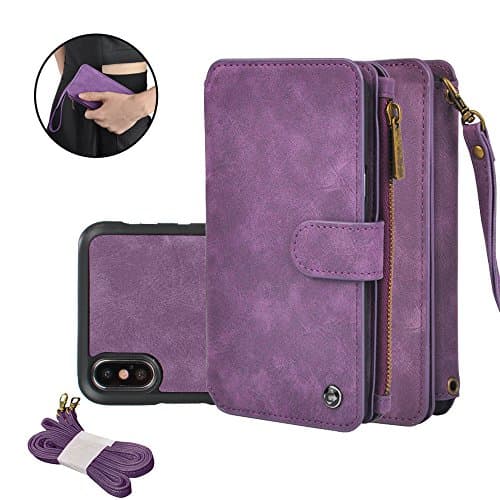 Mosheng iPhone X Wallet Case, Multifunction PU Leather Purse Zipper Pouch Detachable Cover Card Slots Stand Case with Wrist/Shoulder Strap for iPhone X 5.8 inch (Purple)