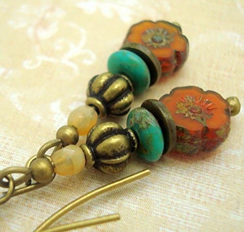 Orange and Blue Boho Earrings with Flower Beads