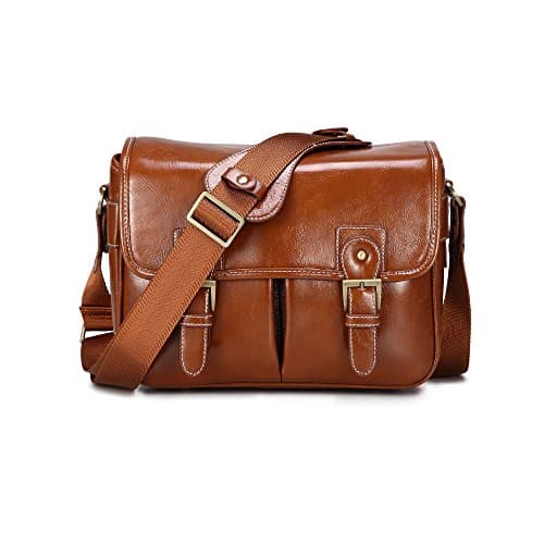 Camera Bag Case Backpack Waterproof PU Leather Travel Bag Shoulder Bag Messenger for Canon Sony Nikon Canon Olympus DSLR Camera (Antique Brown)