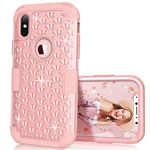 iPhone X Case, SUPZY 3IN1 Hybrid Heavy Duty Shockproof Diamond Studded Bling Rhinestone Case with Dual Layer [Hard PC+ Soft Silicone] Impact for Apple iPhone X
