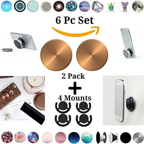 POP Phone Grip Phone Grip Set (6 Piece) 2 Pc Tablet Cell Collapsible &amp; Expanding Pop Up Socket Finger Holders w/ 4 Universal Hands Free Clips - Car Phone Mount, Stand - Boys Girls Manly - Copper