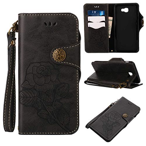 Galaxy J7 Prime Protective Case, UNEXTATI Vintage Rose Pattern Stand PU Leather Flip Cover, Wallet Case Cover with Hand Strap for Samsung Galaxy J7 Prime (Black)