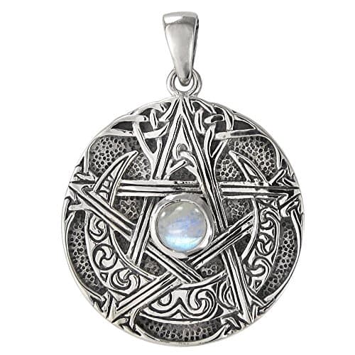 Sterling Silver Moon Goddess Pentacle Pendant with Natural Rainbow Moonstone