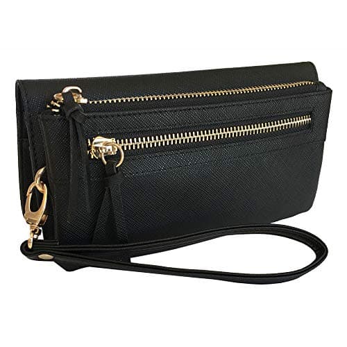Genuine Leather Wristlet Clutch Wallet with RFID Blocking, Long Purse with Zipper for iPhone, Credit Cards, ID, Money, Passport - Travel Purse Anti Theft, Gift Box - Black