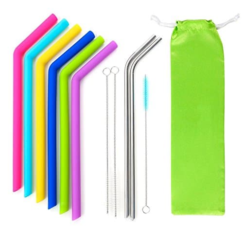 Reusable Silicone Drinking Straws for 30 oz Yeti / Rtic / Ozark / Complete Bundle - Reusable Silicone Straws Set of 11 - Stainless Steel Straws Extra Long + Brushes+ Storage Pouch