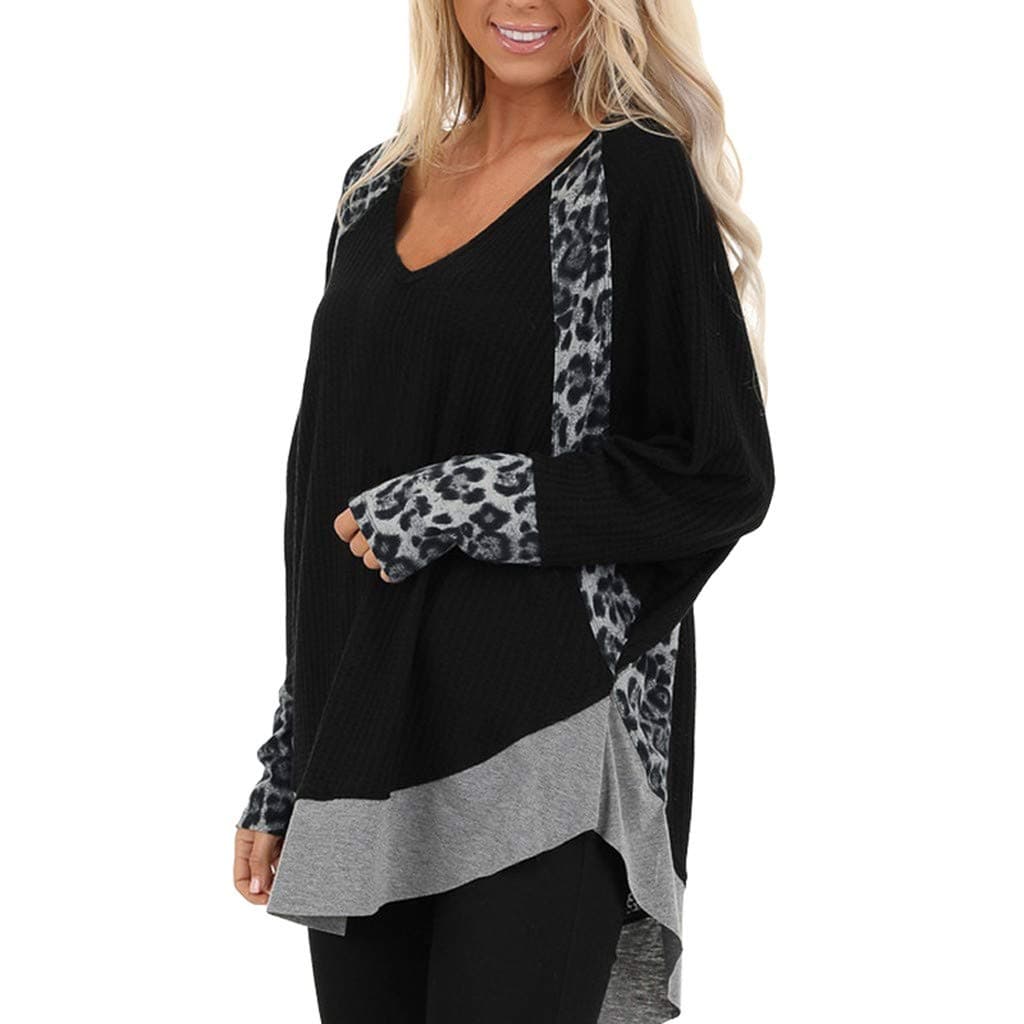 Women's Casual Hoodies Long Sleeve with Side Pockets Solid Color Sweater Leopard