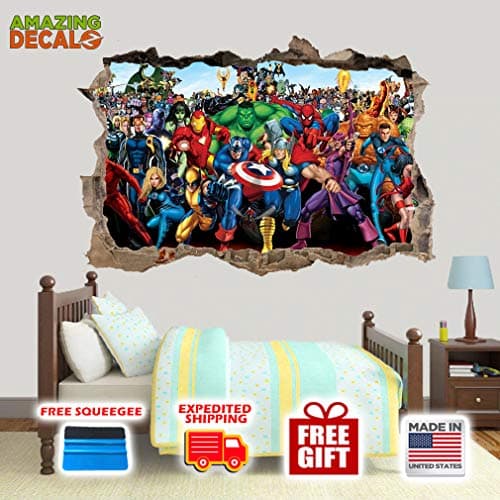 AMAZING DECALZ Marvel DC Comics Heroes 4 Graphic Broken Wall 3D Sticker Decal Removable Mural Decor Art Wallpaper Baby Kids Children Nursery Living Room Peel&Stick Vinyl (Giant (H 36"x 56" Wide))