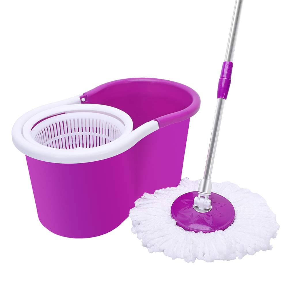 Crazyworld Spin Mop 360° Floor Mop Buckets System with 2 Microfiber Mop Heads, Adjustable Stainless Steel Handle,Perfect Home + Kitchen Cleaner for Hardwood, Laminate, Tiles, Vinyl (Purple)