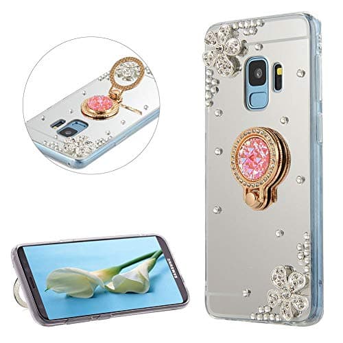 DasKAn Rhinestone Mirror Case for Samsung Galaxy A8 Plus 2018 with Metal Finger Holder Ring Stand,Crystal 3D Diamond Design Slim Soft Silicone Back Cover Flexible TPU Protective Phone Case,Silver#1