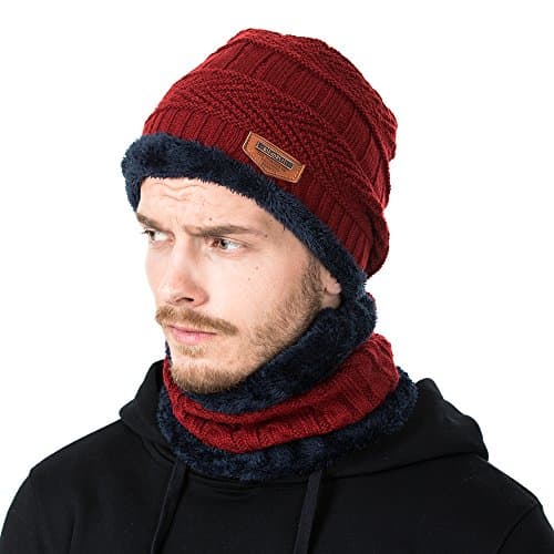 Winter Knit Hat Scarf Set, Warm Thick Knit Skull Cap For Men/Women (Wine Red)