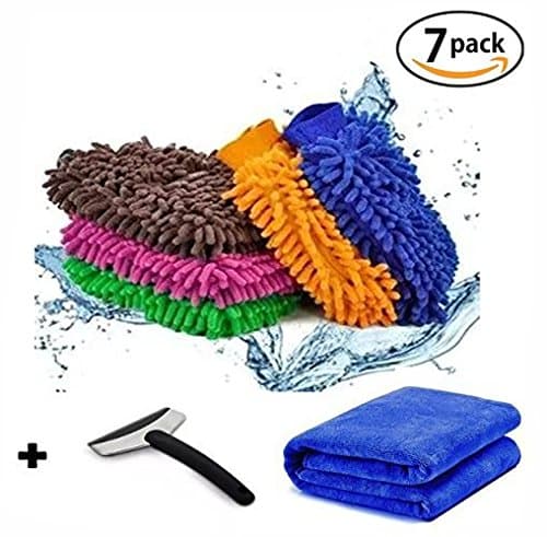 Microfiber Car Wash Mitt (5-Pack) with Free Polishing Cloth & Car Ice Scraper