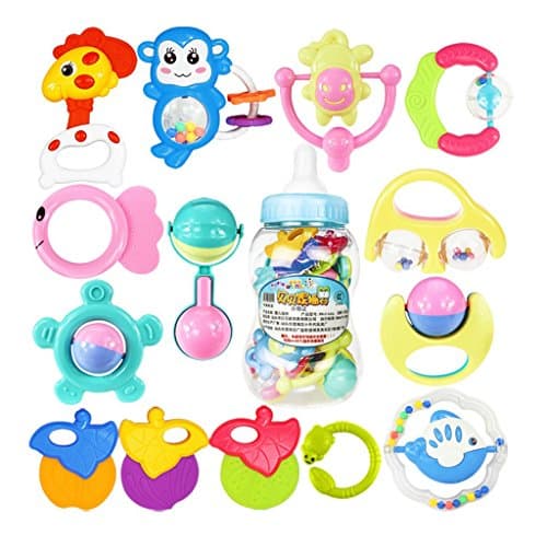 ROWAG 14 Pieces Baby Rattles and Teethers Playset with Gift Bottle Educational Infants Toys for Toddler Newborn