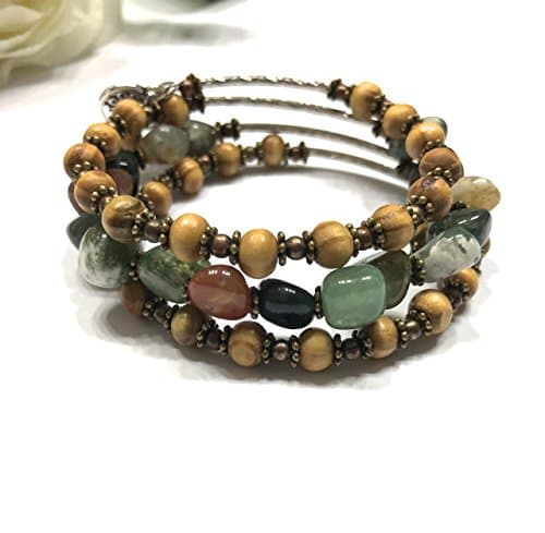 Natural Tumbled Multi-Color Agate Bracelet. Memory Wire. Easy Slip On and Off. Triple Strand, Tree of Life Within a Heart Charm. Bamboo and Metal Accents. Abundance Stone. Heart Chakra Balance.