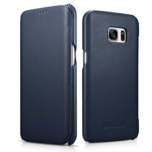 Galaxy S7 Edge Genuine Leather Case, [Luxury Series] Premium Cowhide Leather Handmade Slim [Side open] Flip Folio Protective Case Cover for Samsung Galaxy S7 Edge (Blue)